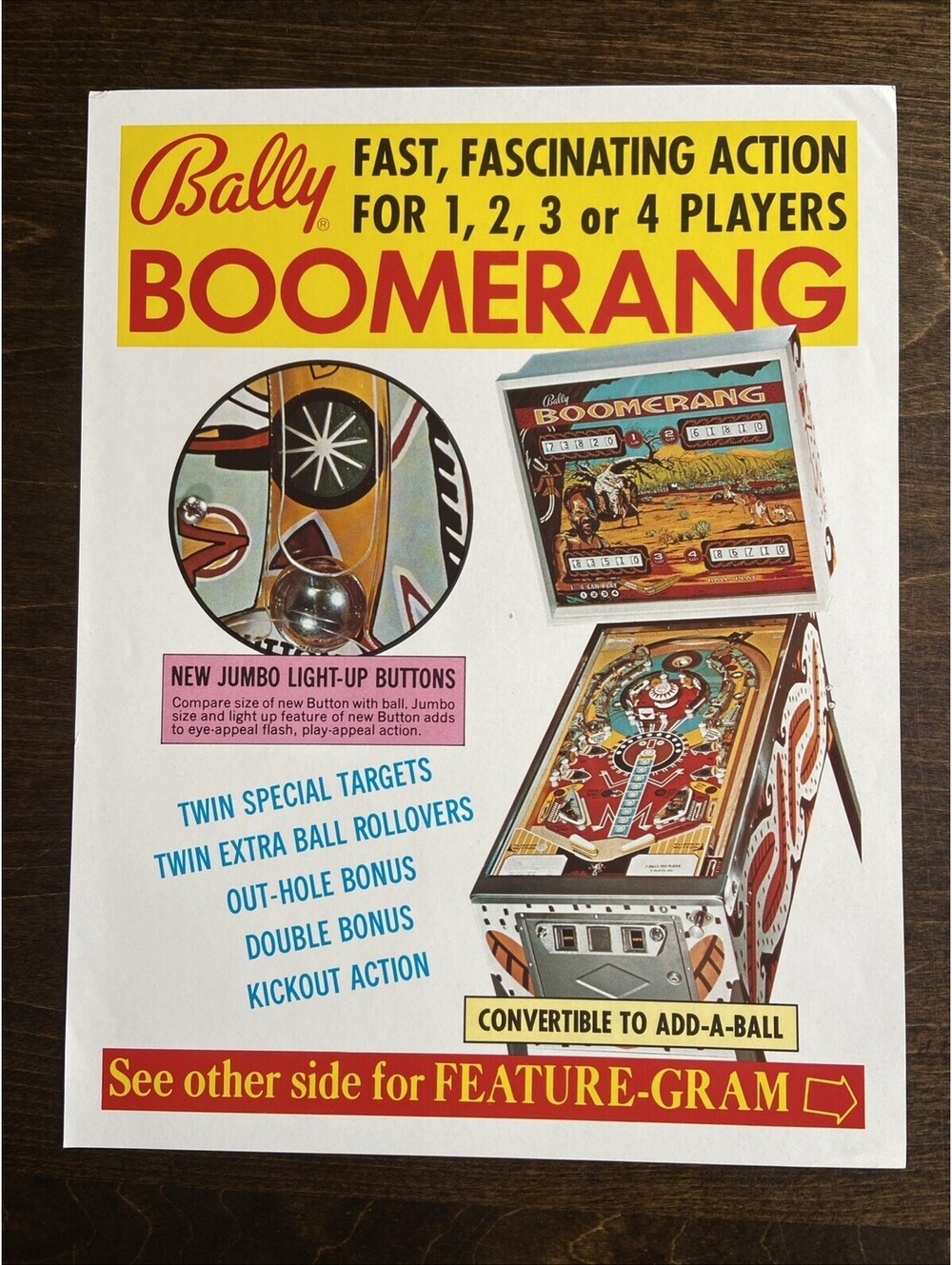 Bally Boomerang Pinball FLYER Original Ad Promo 1975 Poster Not PCB